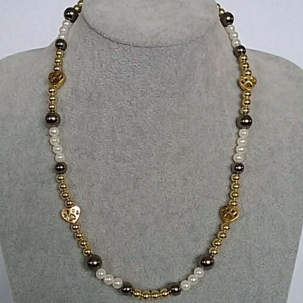 Paw print charm gold beaded necklace
